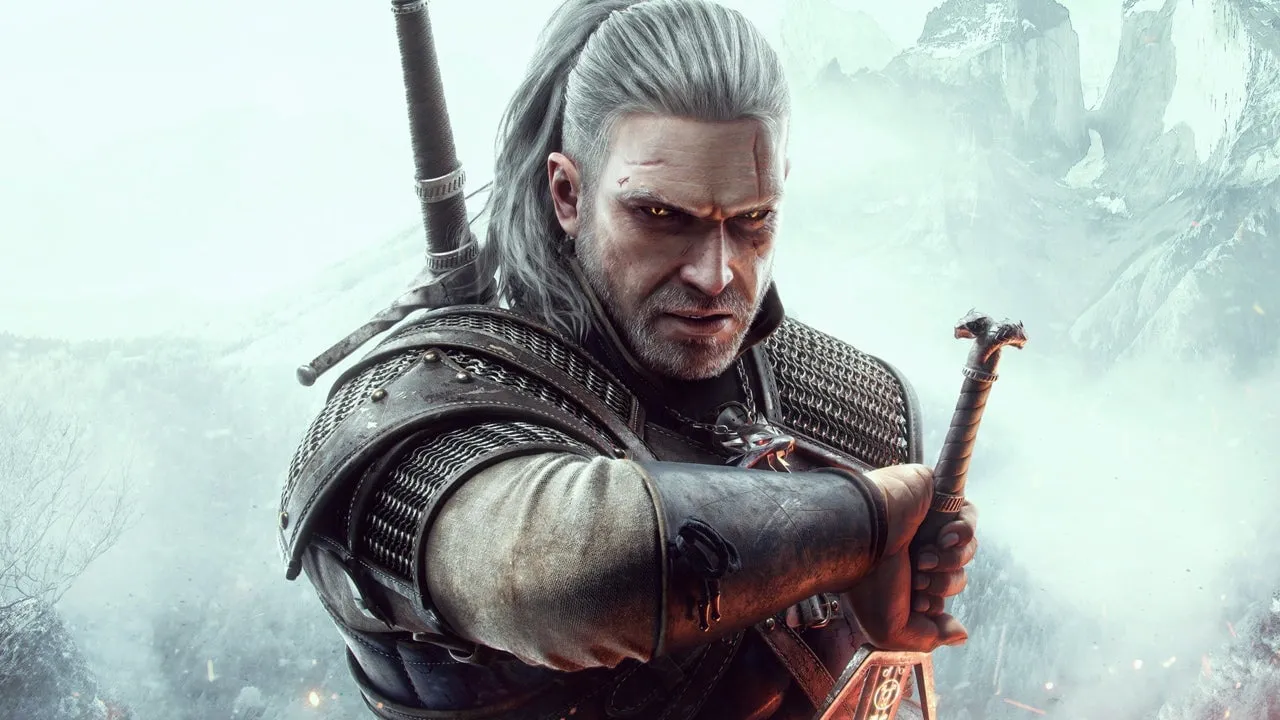Promotional art for The Witcher series, showing Geralt of Rivia against a moody forest backdrop with the Witcher medallion glowing in the foreground.