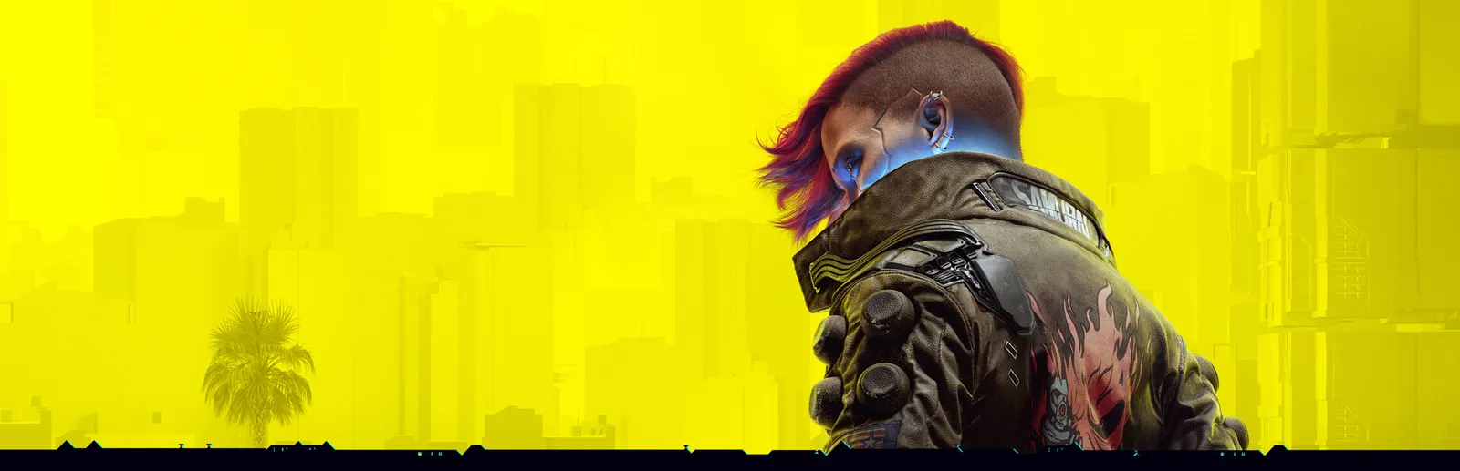 Cyberpunk 2077 library hero banner showing Night City skyline at dusk