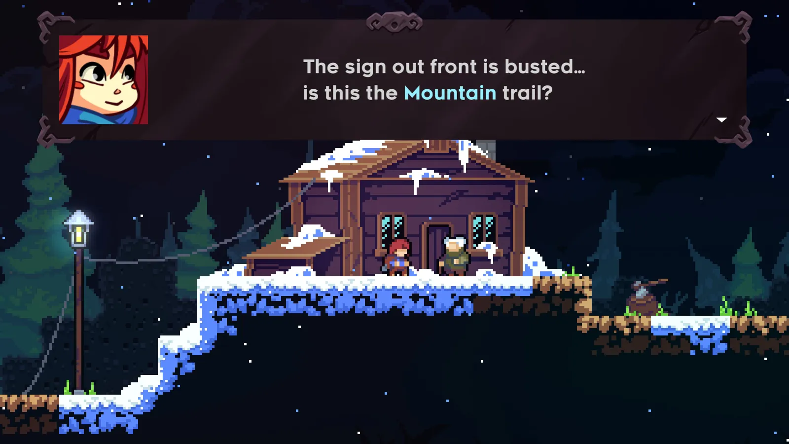 Celeste screenshot showing Madeline climbing a snowy mountain ledge in pixel art