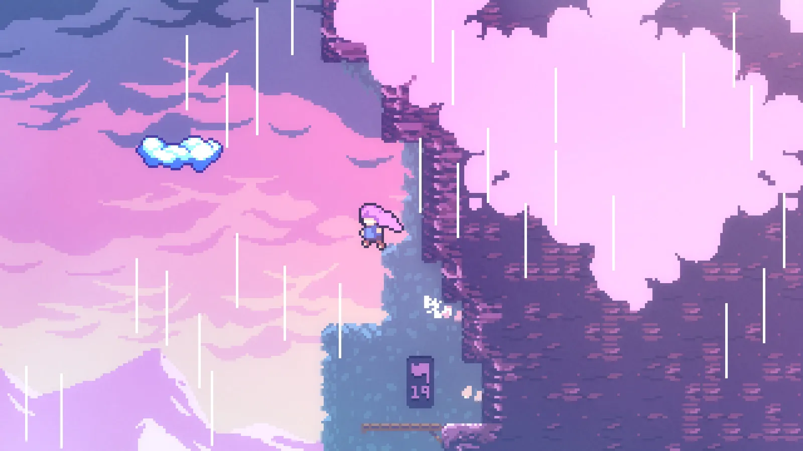 Celeste screenshot of a platforming challenge in a colorful pixel art level