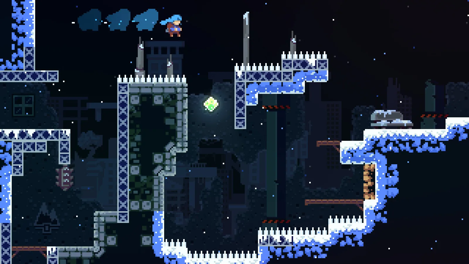 Celeste screenshot of a late game chapter with a dramatic pixel art backdrop
