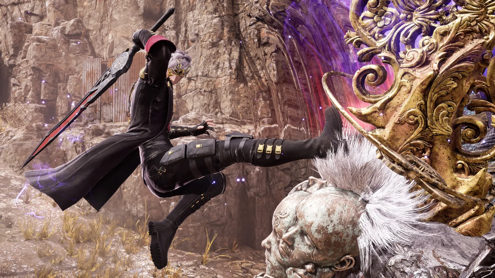 Code Vein II Mask of Idris DLC player activating the Grave Knocker Formae with a shockwave kick.
