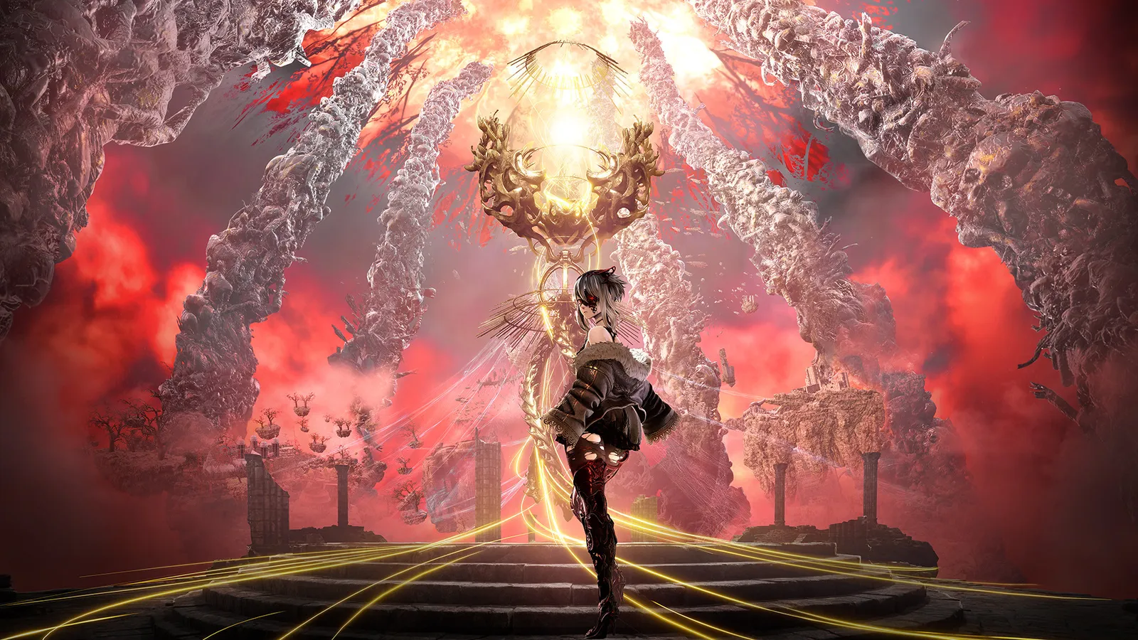 Code Vein II Mask of Idris DLC heroes standing at the edge of the swirling Spindle of Pathos inside the Forsaken World.