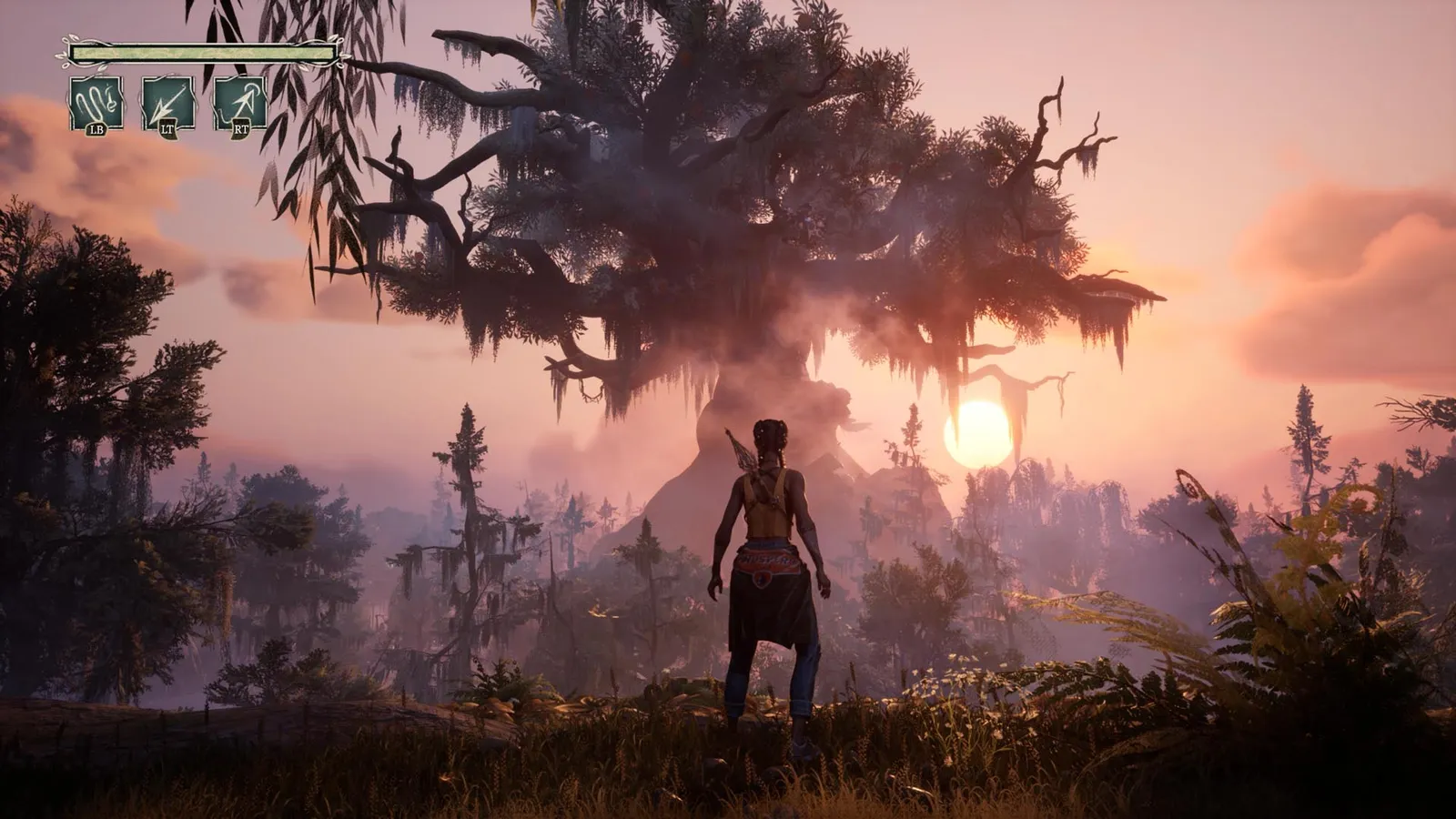 Hazel standing in a misty Deep South bayou fighting a mythological creature in South of Midnight