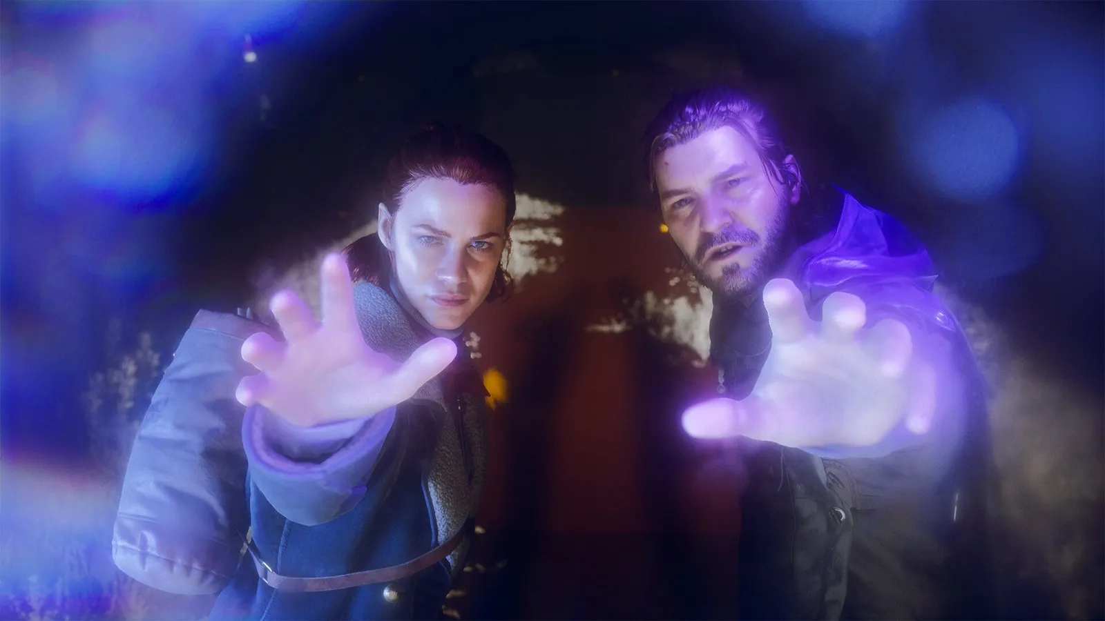 Dylan and Jesse Faden surrounded by purple paranormal energy in Control Resonant