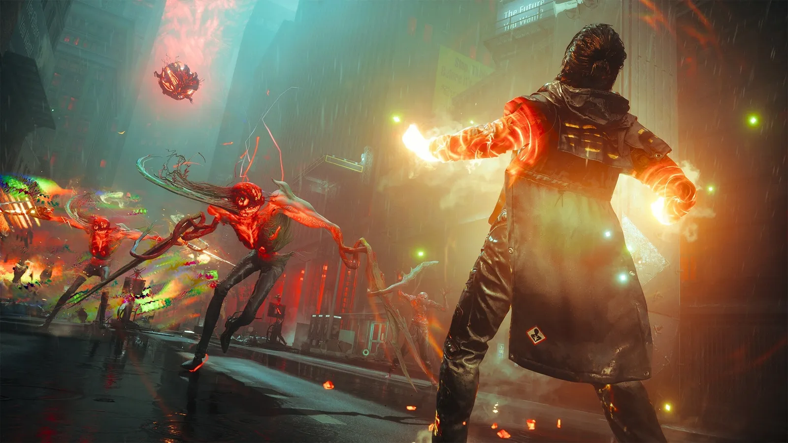 Dylan Faden using supernatural powers against Hiss enemies on the streets of Manhattan in Control Resonant