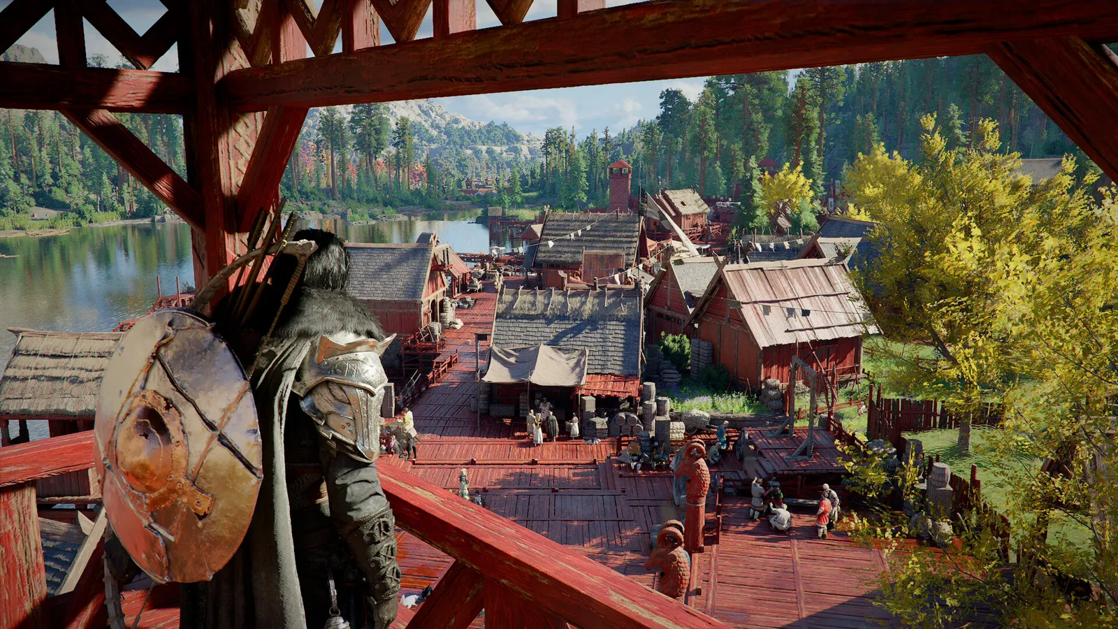 Crimson Desert screenshot of a royal trading post with stacked goods and a merchant