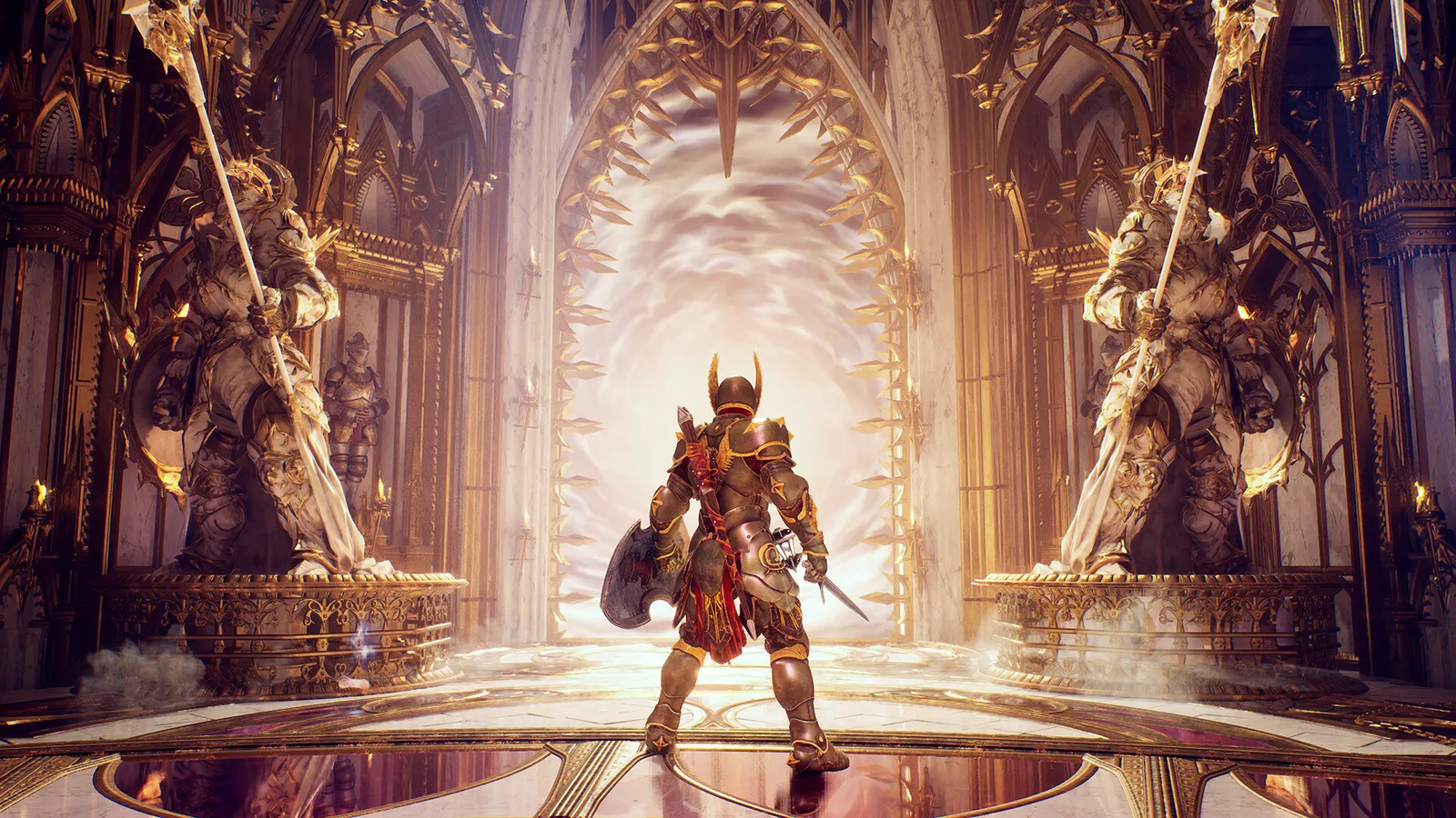 Crimson Moon screenshot showing a Nephilim warrior facing demonic hordes in the gothic city of Gildenarch