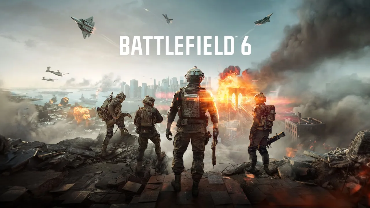 Four Battlefield soldiers watch explosions across a New York battlefield