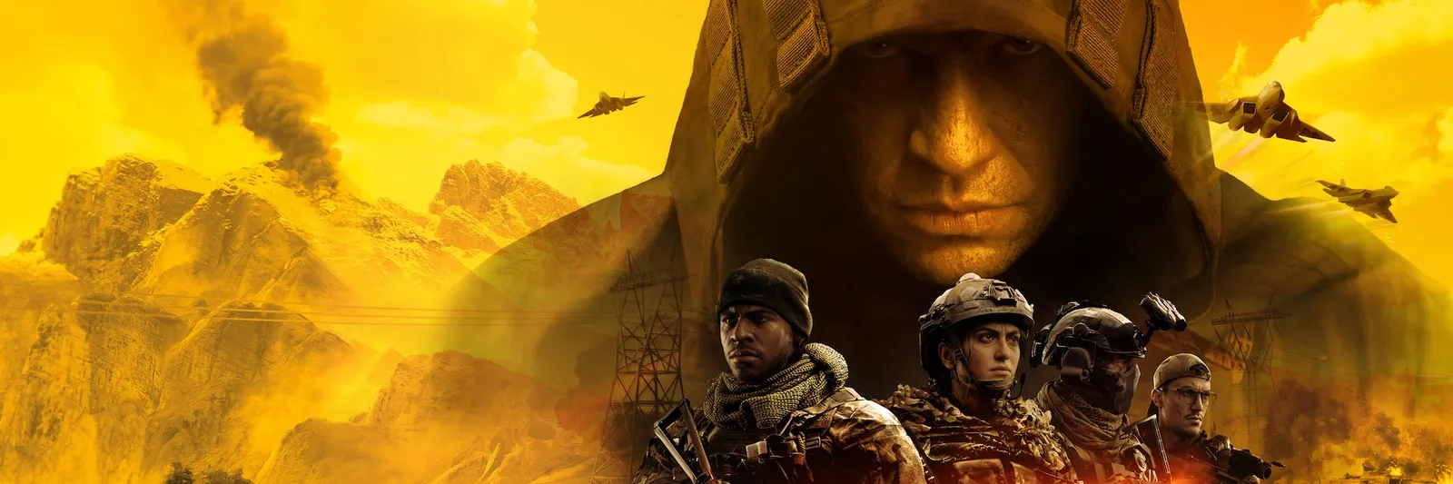 Battlefield soldiers prepare for a large battle with aircraft and explosions behind them