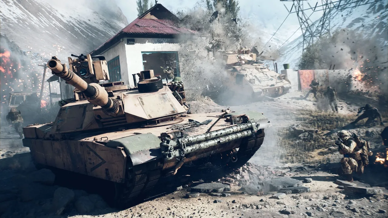 Tanks and infantry clash on a snowy mountain in Battlefield