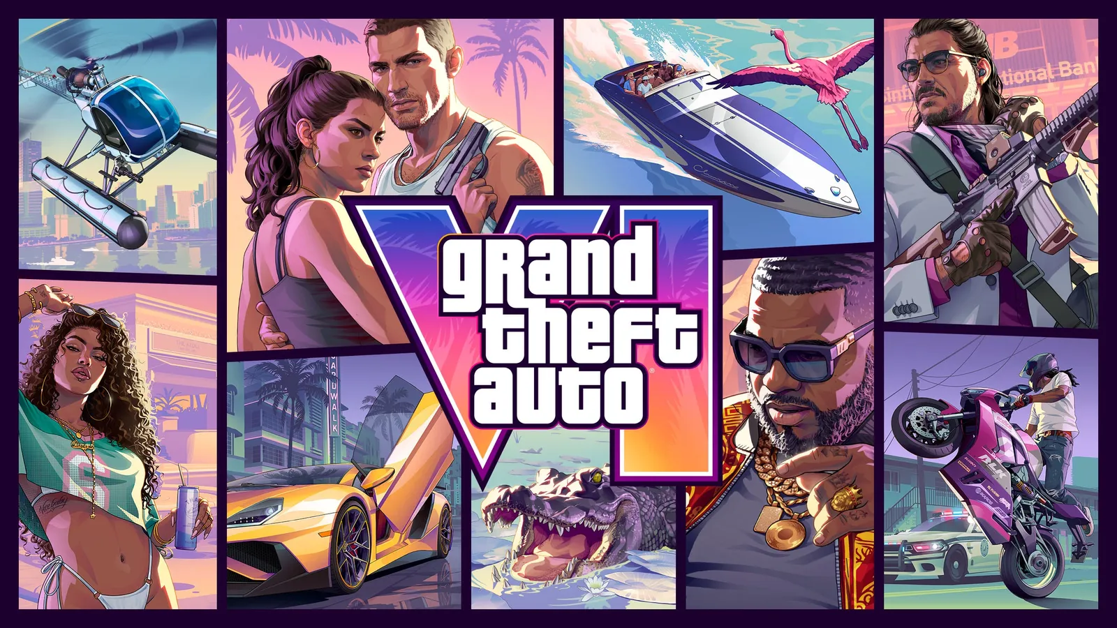 Official Grand Theft Auto VI poster artwork showing Jason and Lucia against a Vice City skyline