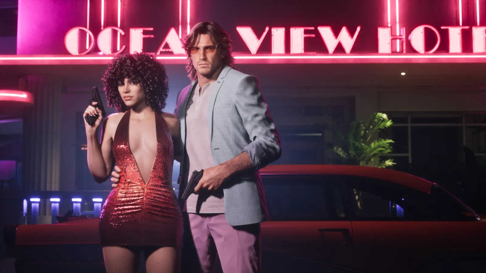 Official Grand Theft Auto VI Vintage Vice City Pack promotional art showing neon-lit Vice City