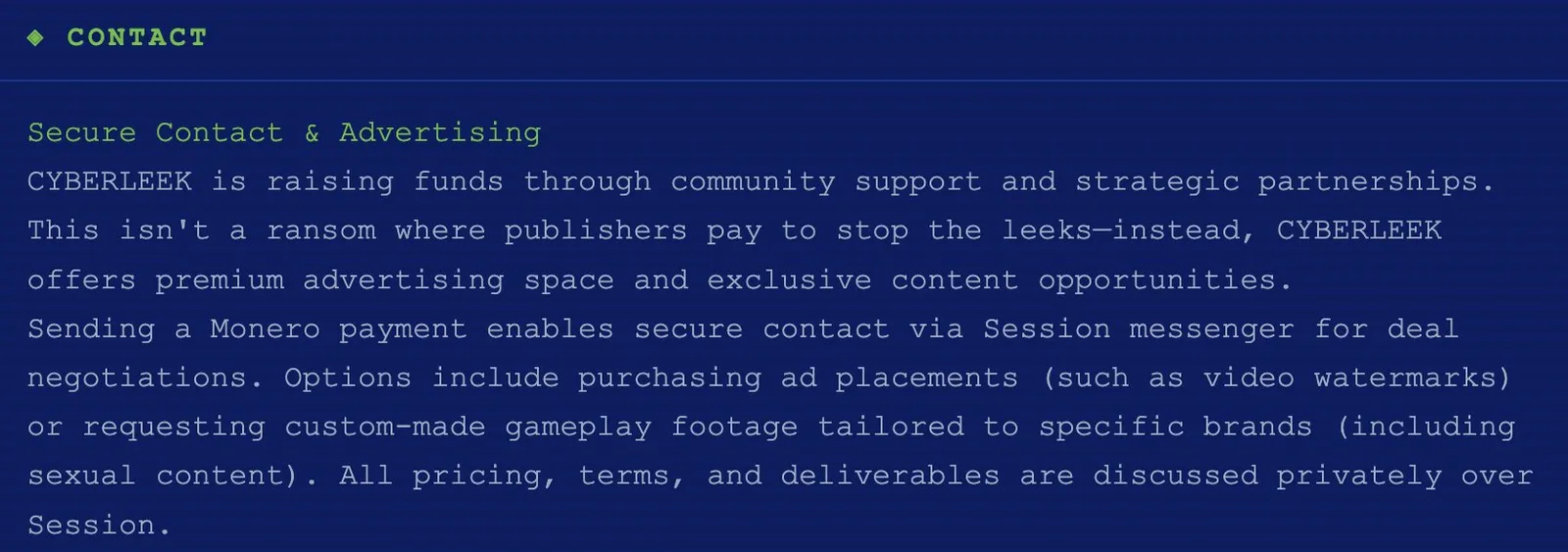 Screenshot of the Cyberleek contact page listing ad placement and custom footage offers