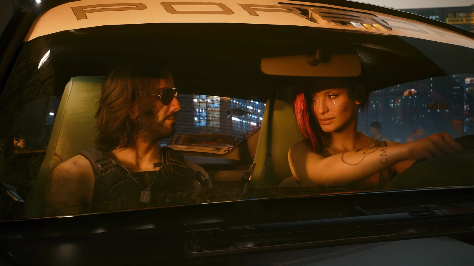 Cyberpunk 2077 screenshot showing Night City neon-lit streets at night