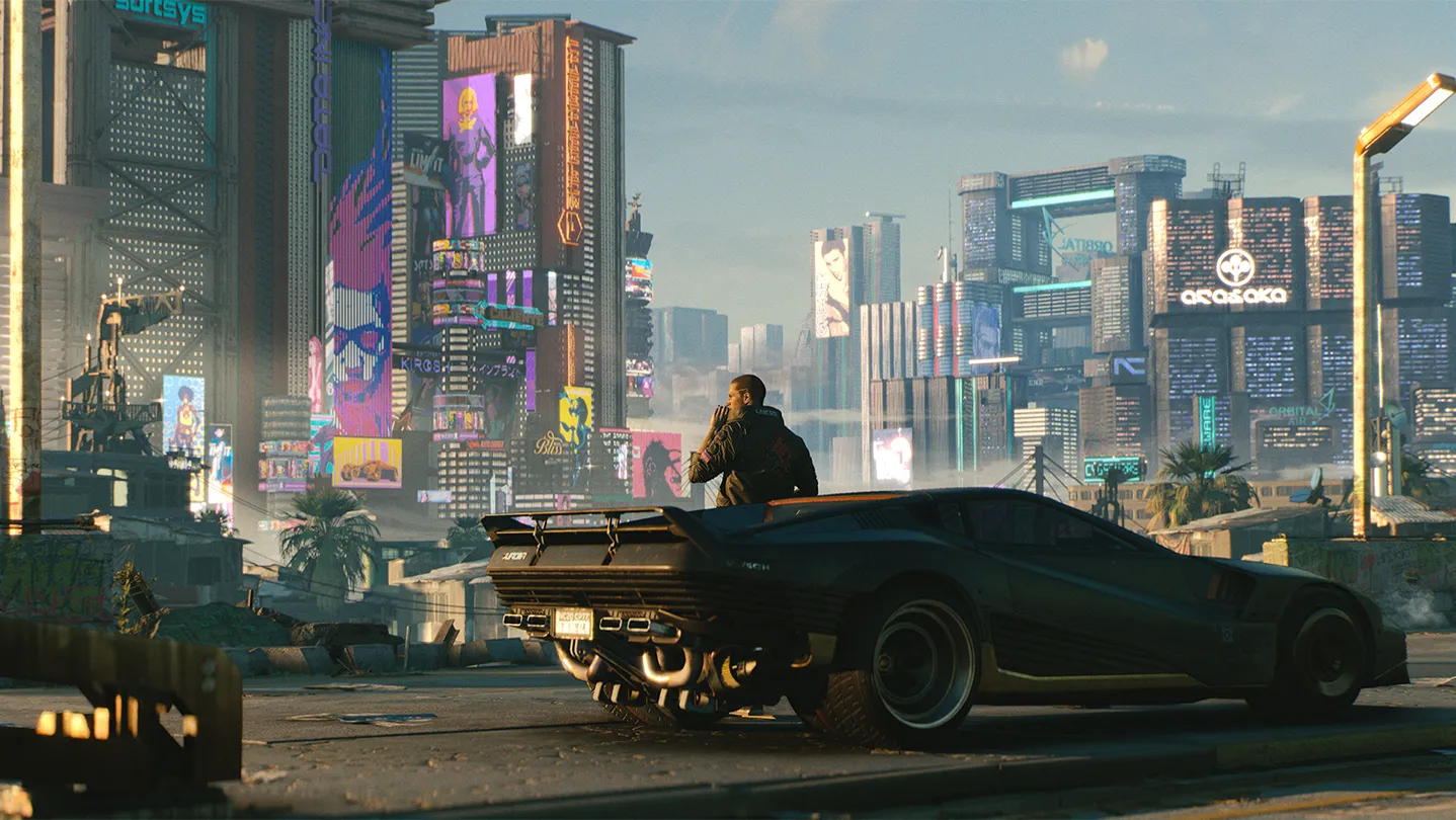 Cyberpunk 2077 official Steam header art showing V standing over a neon-lit Night City skyline.