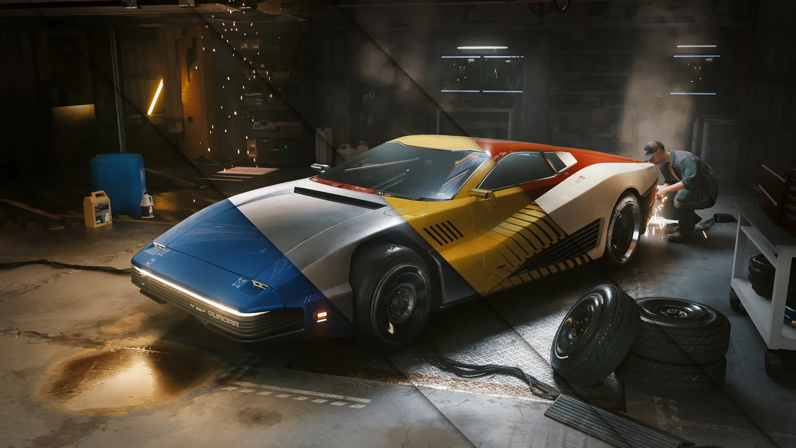 Cyberpunk 2077 screenshot of V driving through the rain-slicked streets of Night City.