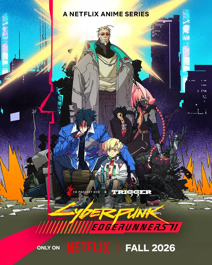 Cyberpunk Edgerunners 2 group key visual showing new crew in Night City, confirmed for Fall 2026 on Netflix