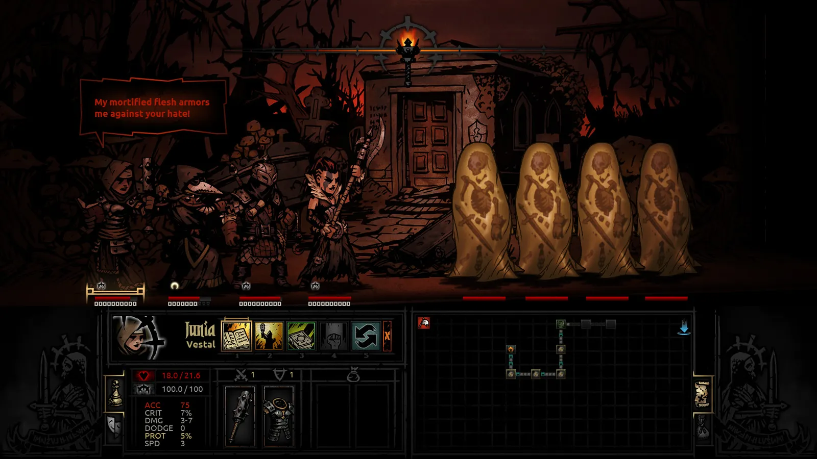 Darkest Dungeon combat screenshot of heroes facing a giant boss in a candlelit hall
