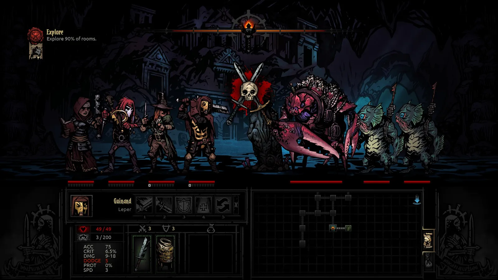 Darkest Dungeon screenshot of a hero navigating a misty underground crypt with a lantern