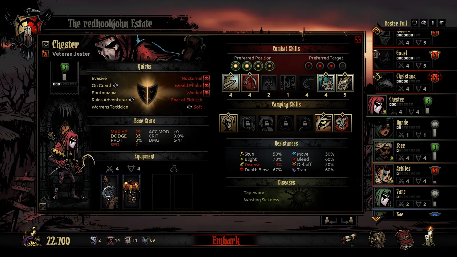 Darkest Dungeon screenshot of a torchlit Hamlet with a stagecoach arriving in the rain