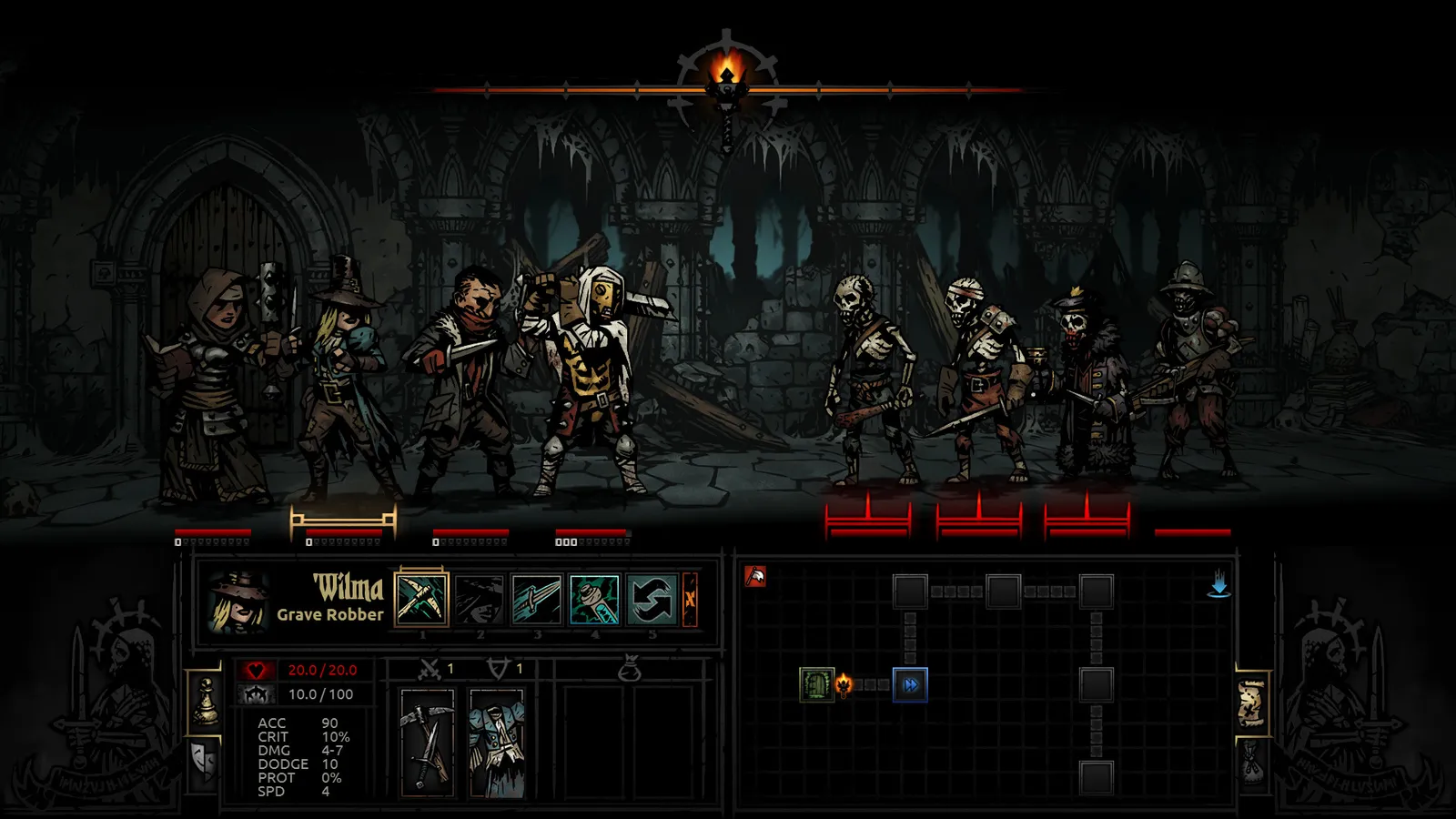 Darkest Dungeon screenshot of a hero party exploring a torch-lit dungeon corridor filled with eldritch statues
