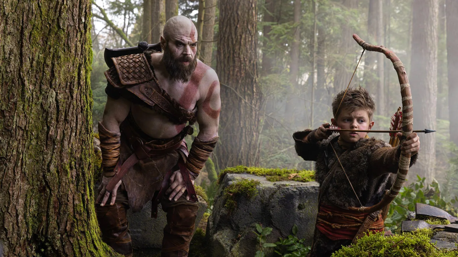 First-look image of Ryan Hurst as Kratos and Callum Vinson as Atreus on the God of War Prime Video set, released by Amazon Studios in February 2026.