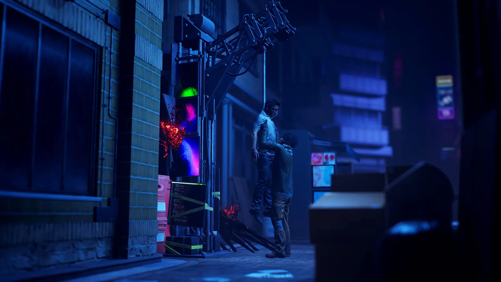 Dead by Daylight gameplay screenshot showing a Killer stalking Survivors in the fog