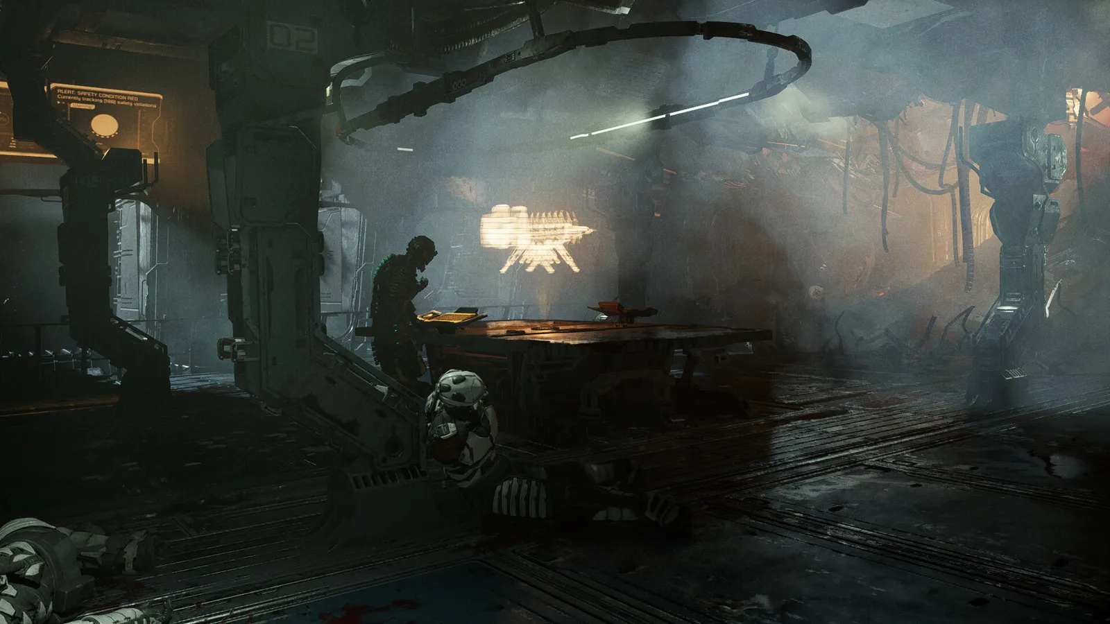 Isaac Clarke in a Dead Space 2023 screenshot walking a dim USG Ishimura corridor with the plasma cutter raised.