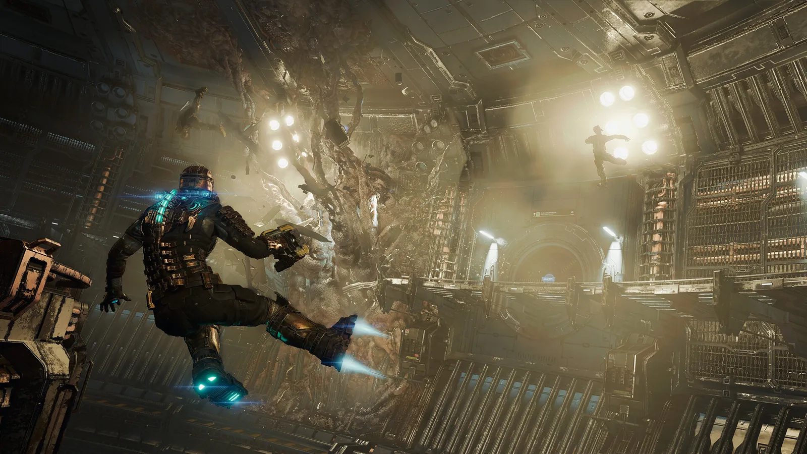 Dead Space 2023 screenshot of Isaac Clarke engaged with a Necromorph in a blood splattered cargo bay.