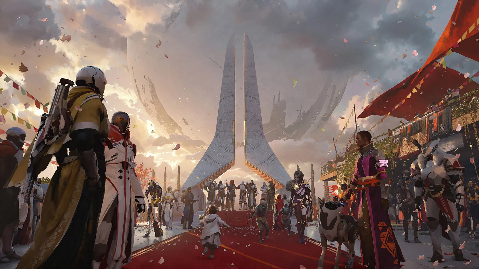 Destiny 2 Monument of Triumph key art with Guardians gathered at the Traveler
