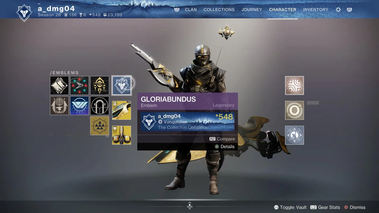 Destiny 2 Gloriabundus farewell emblem with Last City skyline and fortified Destiny logo