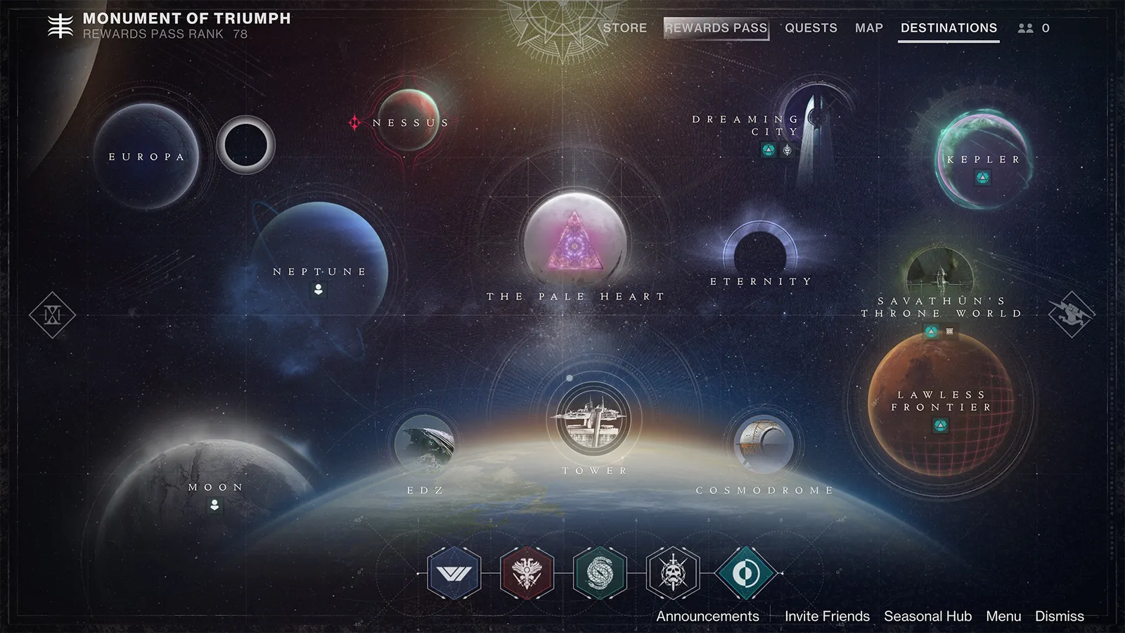 Destiny 2 Director navigation map returns in Monument of Triumph showing Sol system destinations