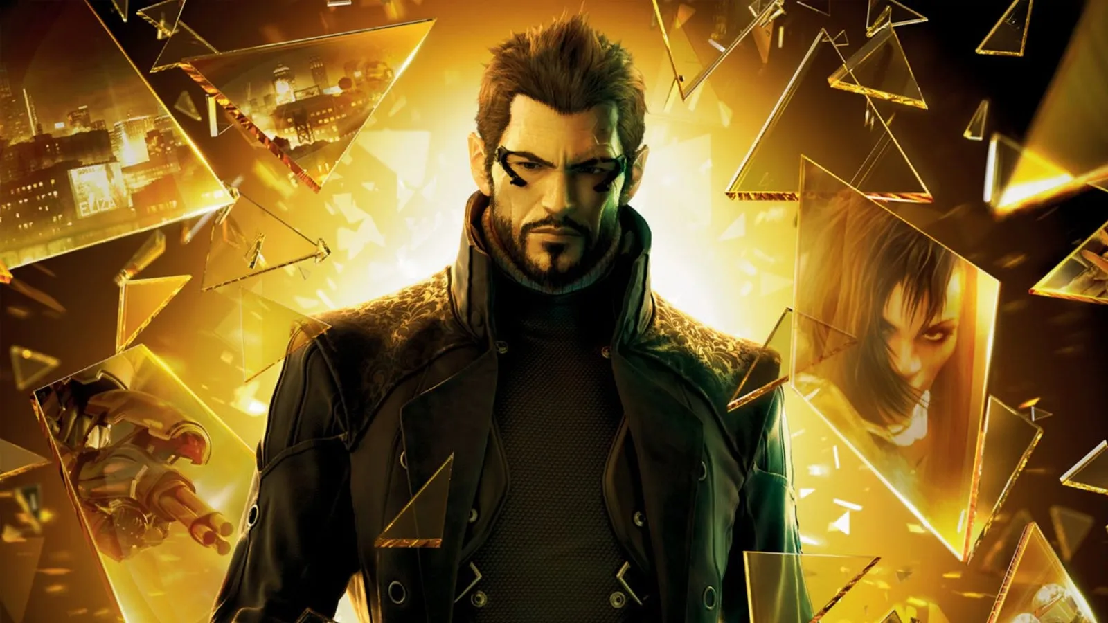 Original 2000 Deus Ex key art showing JC Denton with a nano-augmented silhouette behind him