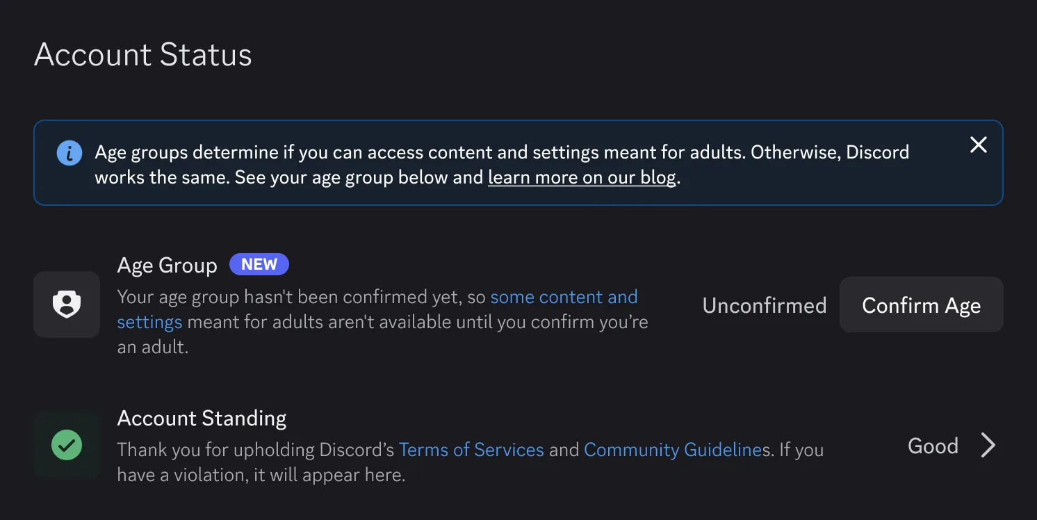 Discord account status settings page showing the new age group section
