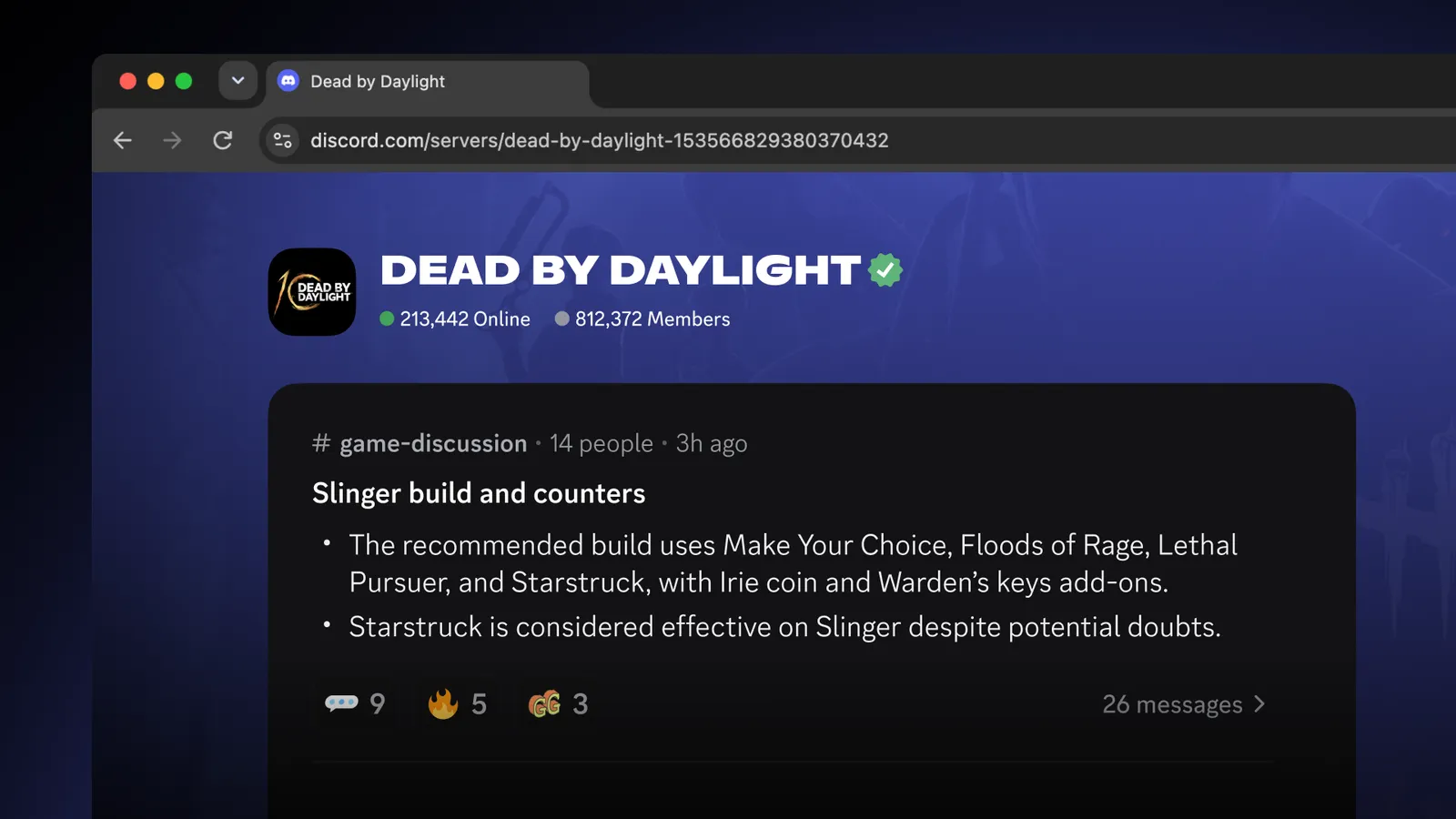 Close up of an automated Channel Summary on the Dead by Daylight Server Web Page, showing conversation highlights and emoji reactions