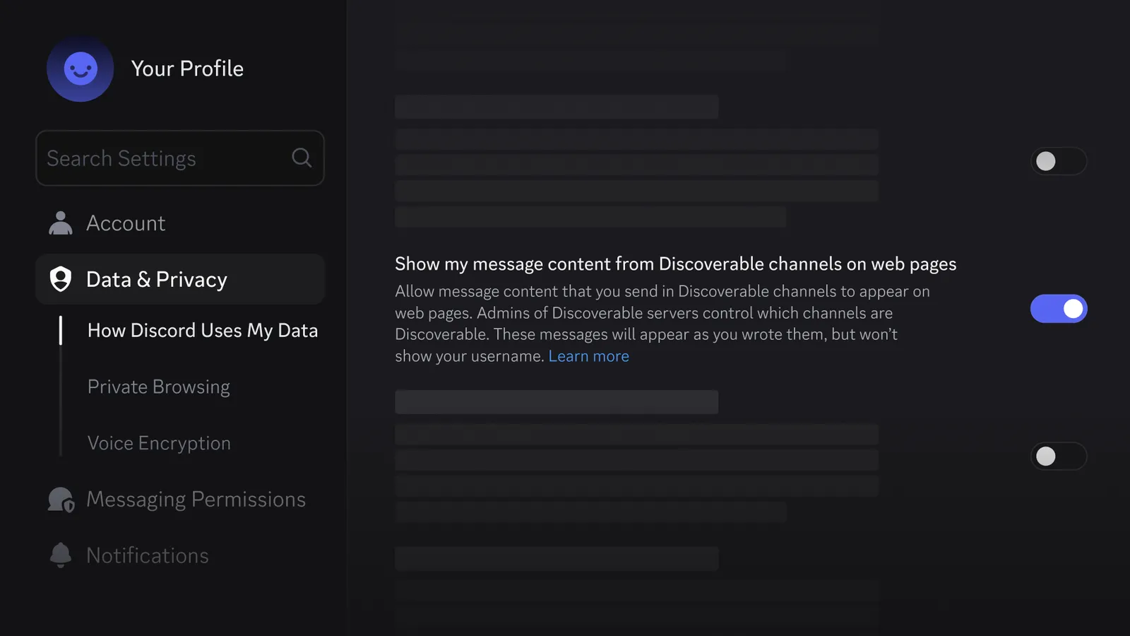The new Discord user setting in Data and Privacy that controls whether message content from public channels appears on web pages