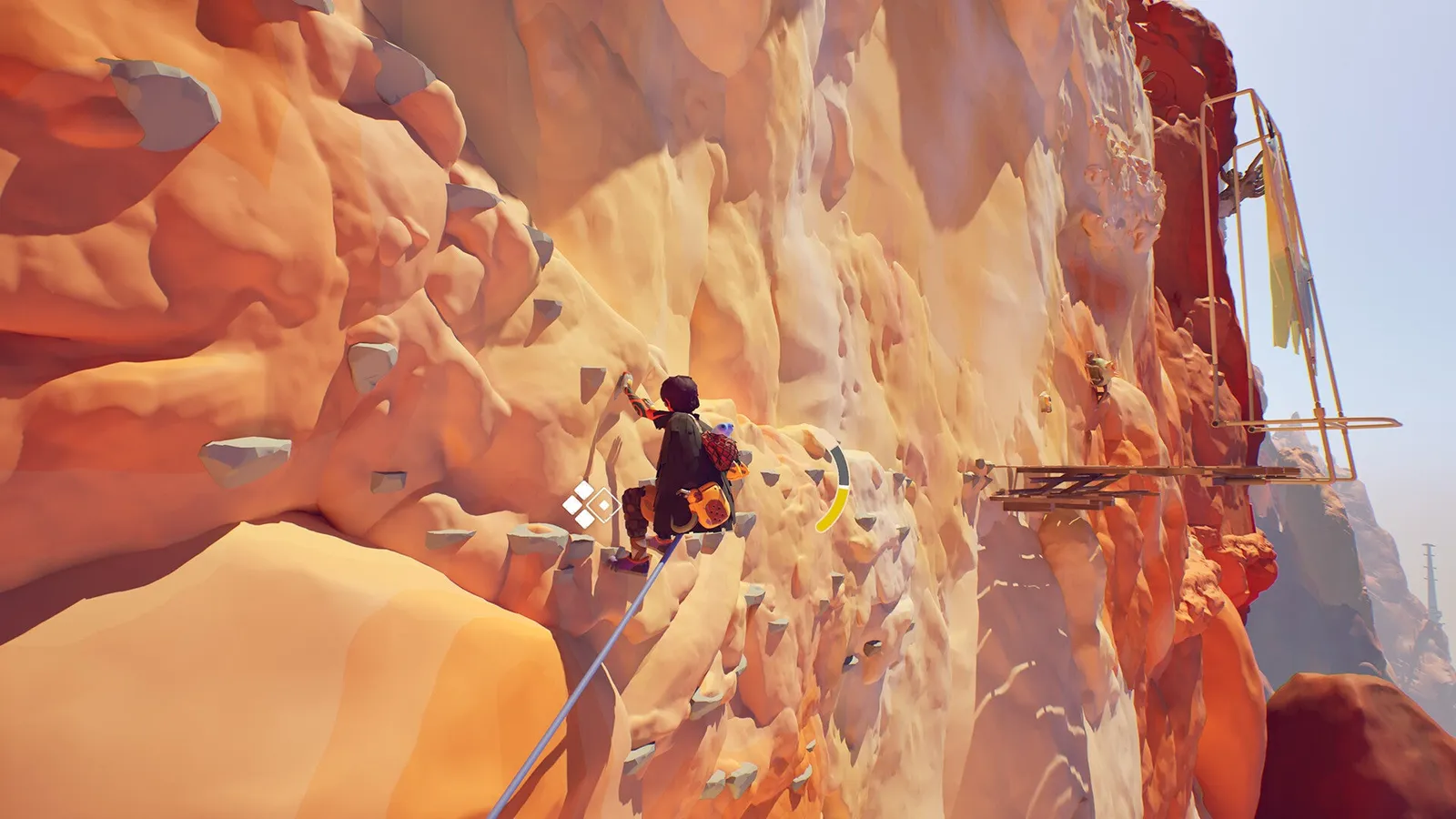 Jusant screenshot showing the young hero gripping handholds on a sunlit rock wall with remnants of civilization above