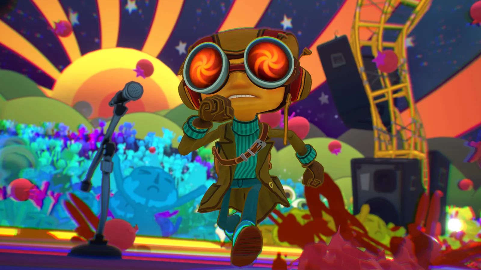 Action scene from Psychonauts 2 with cinematic camera framing