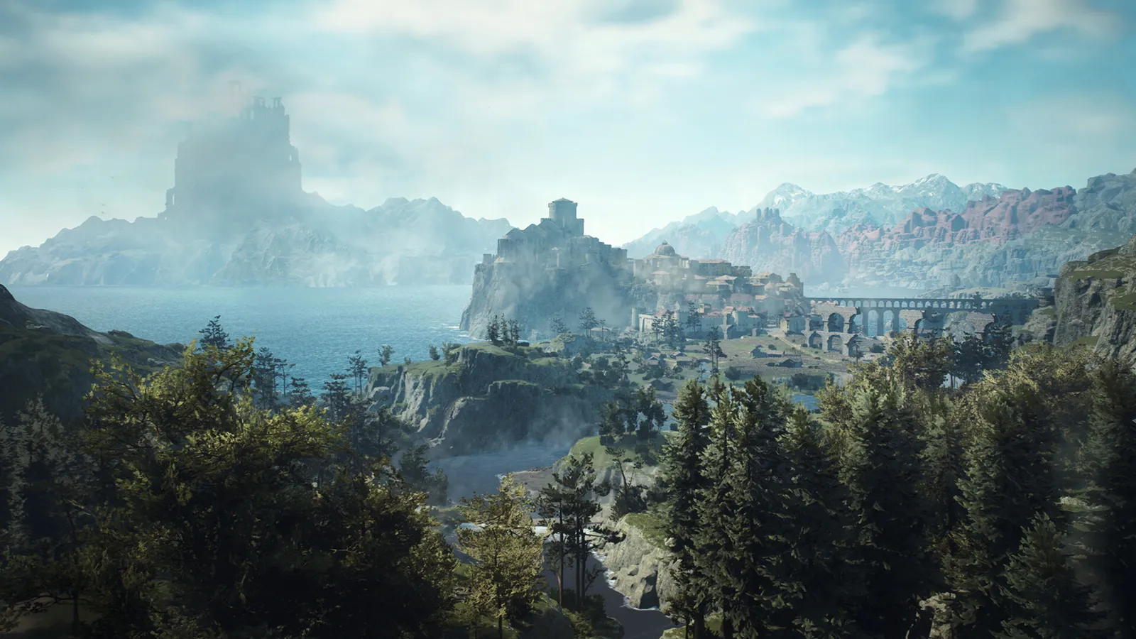 Dragon's Dogma 2 party fighting a griffin on a grassy hill, official Capcom screenshot