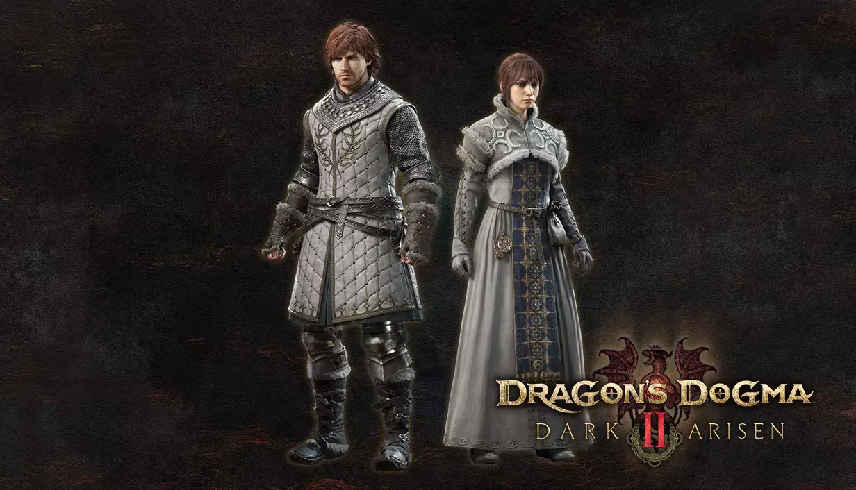 Dragon's Dogma 2 promotional artwork featuring the Arisen and a Pawn facing a dragon