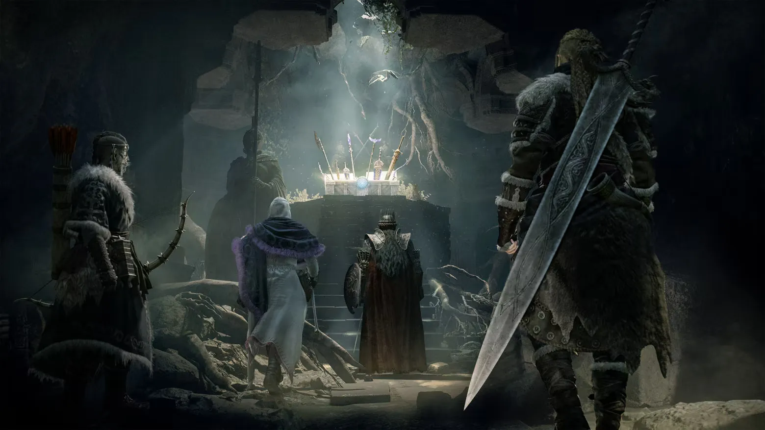 Lost Rites dungeon chamber in Dragon's Dogma 2 Dark Arisen with rare equipment glowing in a stone hall.