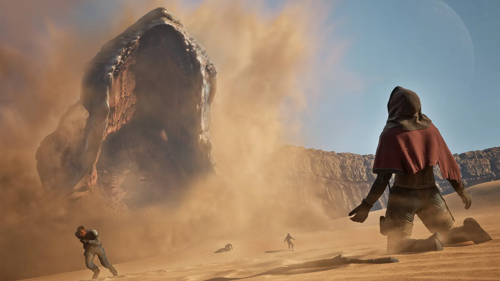 Dune Awakening player exploring the desert landscape of Arrakis on foot with sandstorm in background
