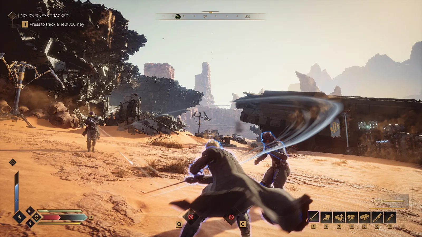 Dune Awakening combat encounter with ornithopter and armed player in the deep desert