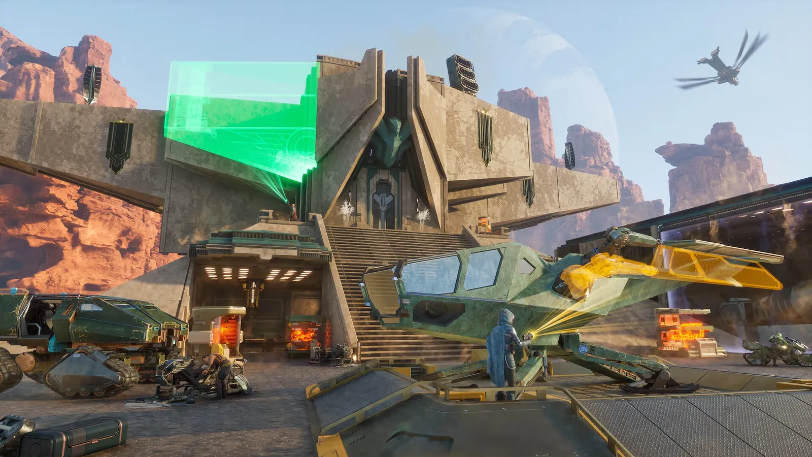 Official Steam screenshot showing a base and vehicles in Dune Awakening