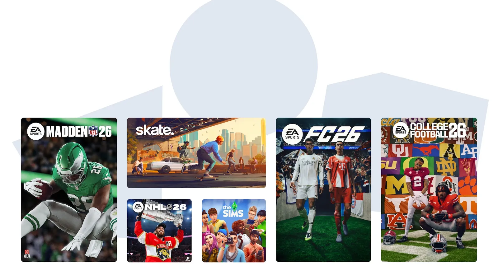 Collage of EA franchise key art covers for FC Madden NHL College Football skate and The Sims framed with graphic shapes