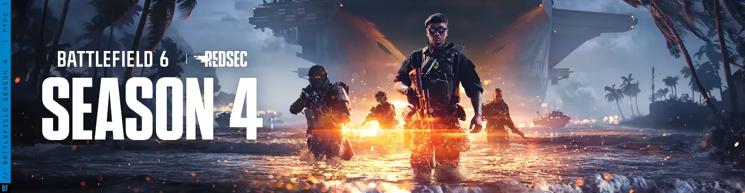 Battlefield 6 official key art showing soldiers in combat gear across a war-torn city skyline