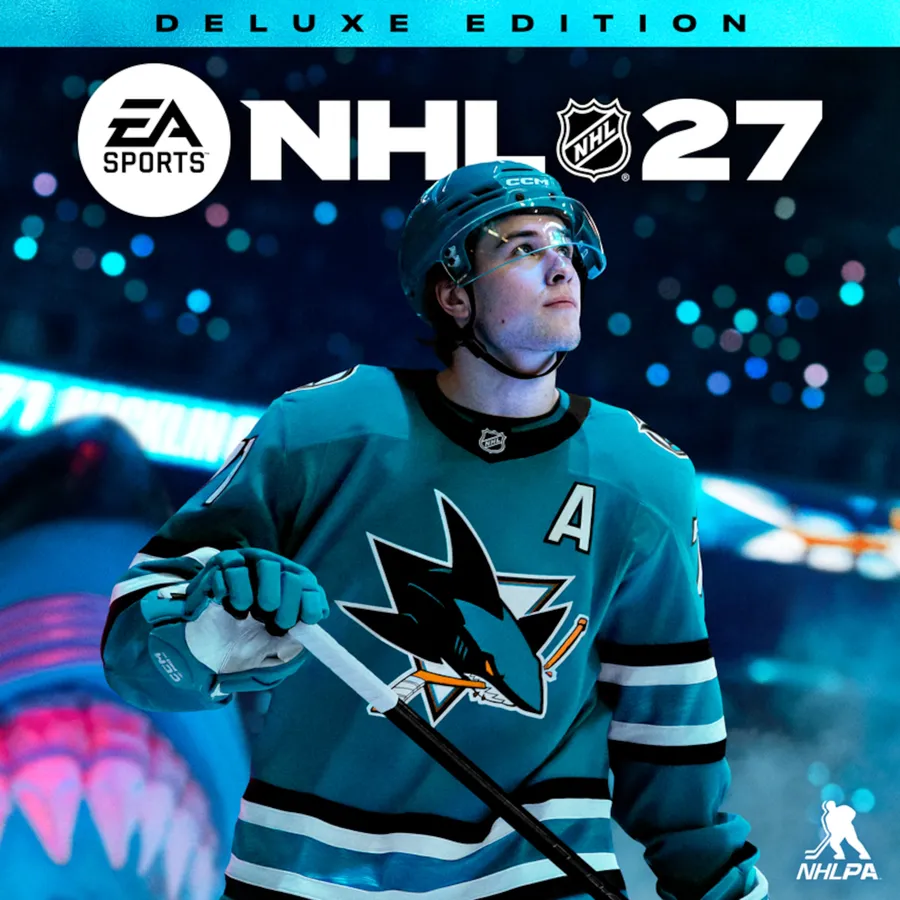 NHL 27 Deluxe Edition cover art showing a hockey player skating out under blue arena lights