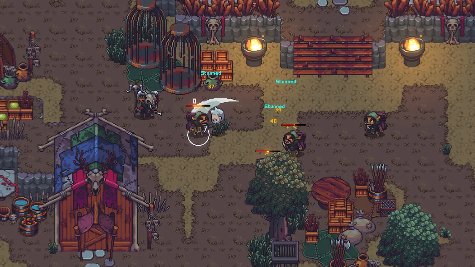 Emberville isometric combat screenshot featuring a fighter mid-swing against a large enemy in a torch-lit arena.