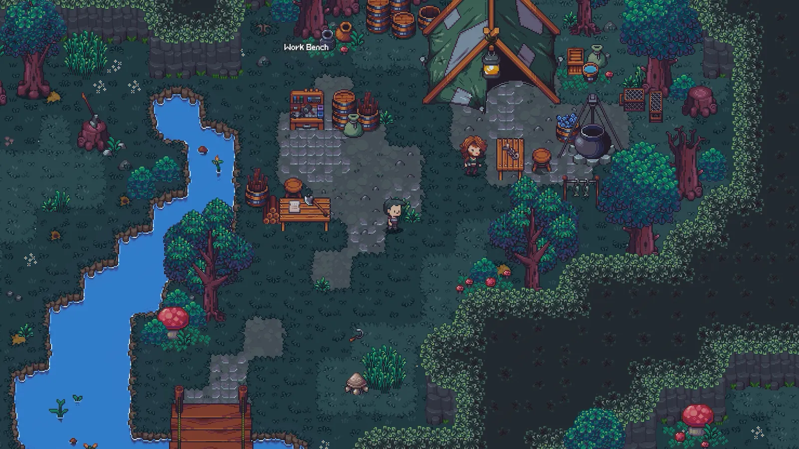 Emberville gameplay screenshot of a pixel-art adventurer exploring a ruined stone corridor with mounted torches.